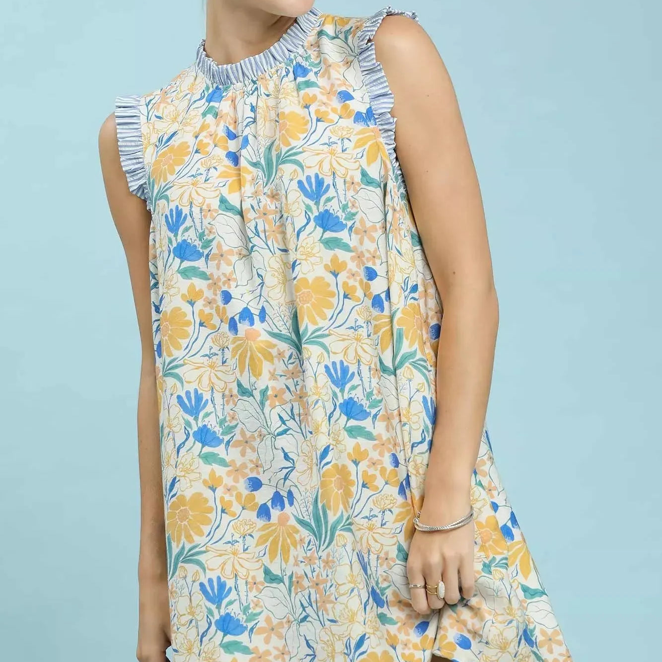 Umgee Blue Skies & Buttercups Floral Print Babydoll Dress-Women's Dresses-Shop Z & Joxa