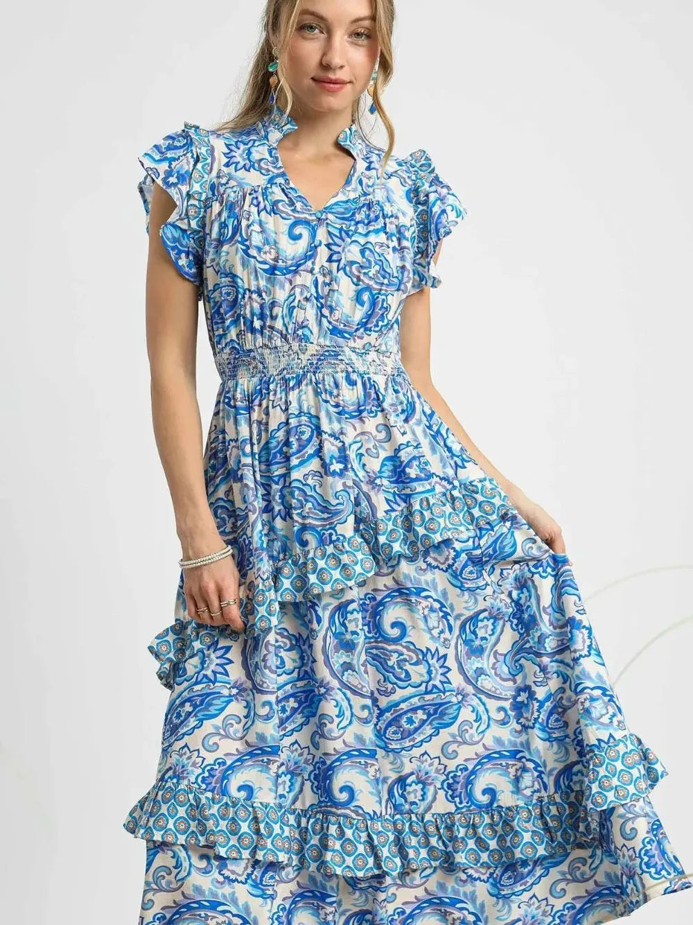 Umgee Bluebell Dream Paisley Print Ruffle Sleeve Midi Dress-Women's Dresses-Shop Z & Joxa