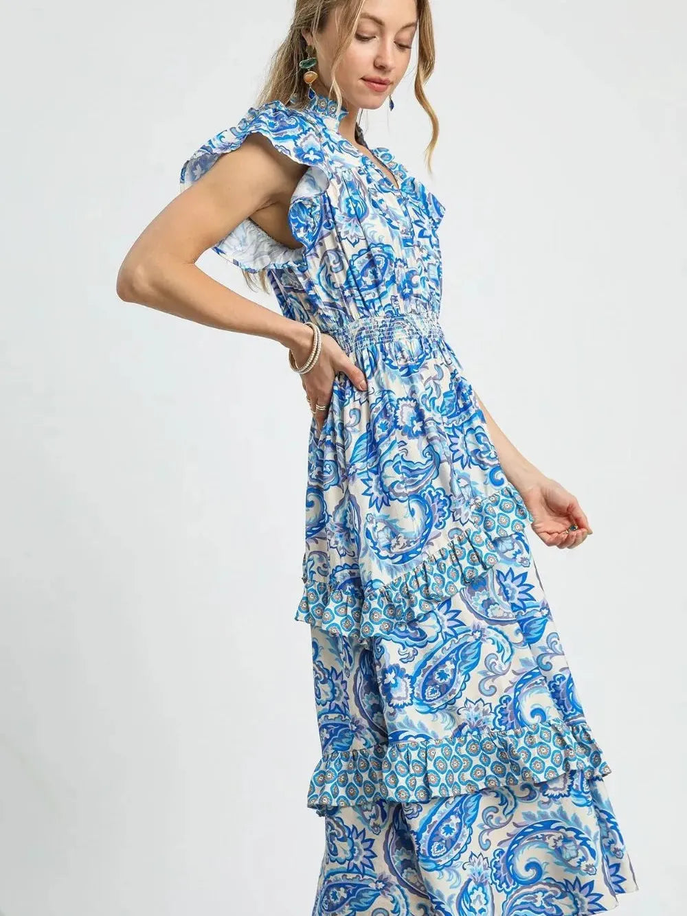 Umgee Bluebell Dream Paisley Print Ruffle Sleeve Midi Dress-Women's Dresses-Shop Z & Joxa
