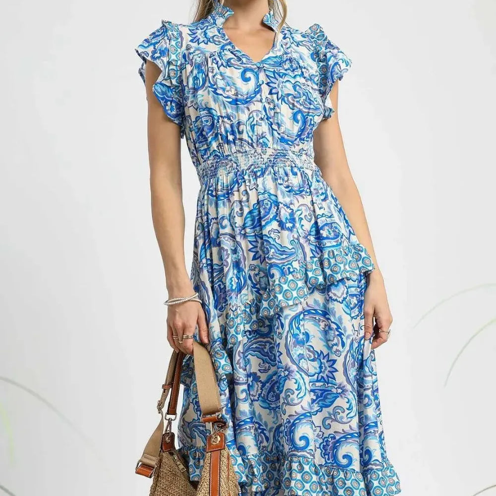 Umgee Bluebell Dream Paisley Print Ruffle Sleeve Midi Dress-Women's Dresses-Shop Z & Joxa