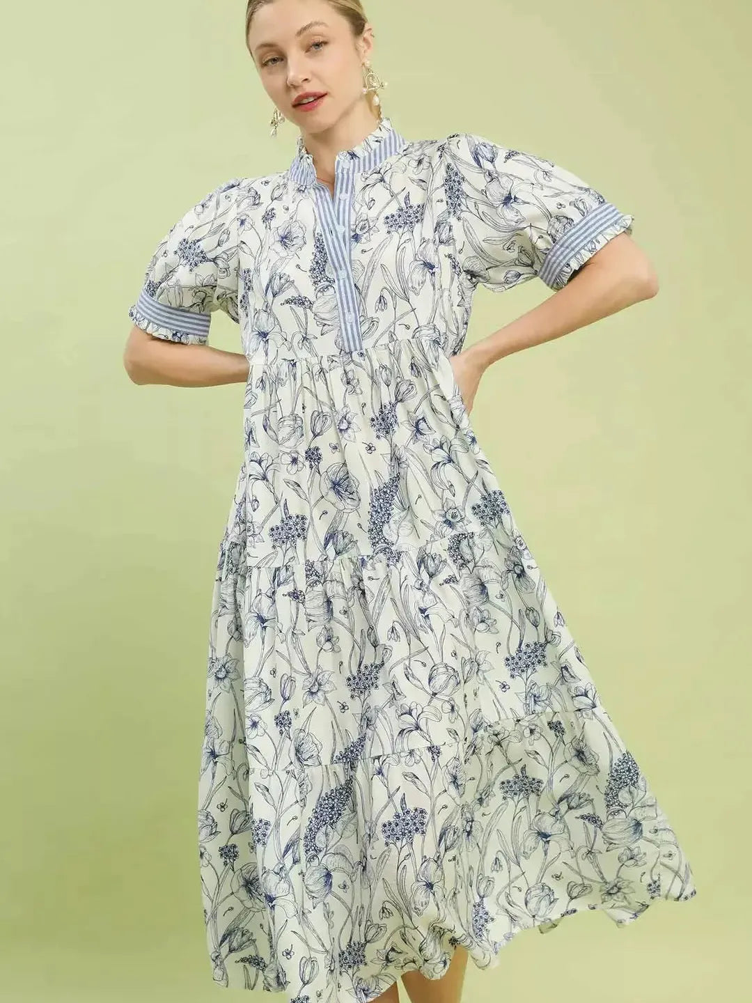 Umgee Bluebell Reverie Floral Tiered Midi Dress with Ruffles-Women's Dresses-Shop Z & Joxa