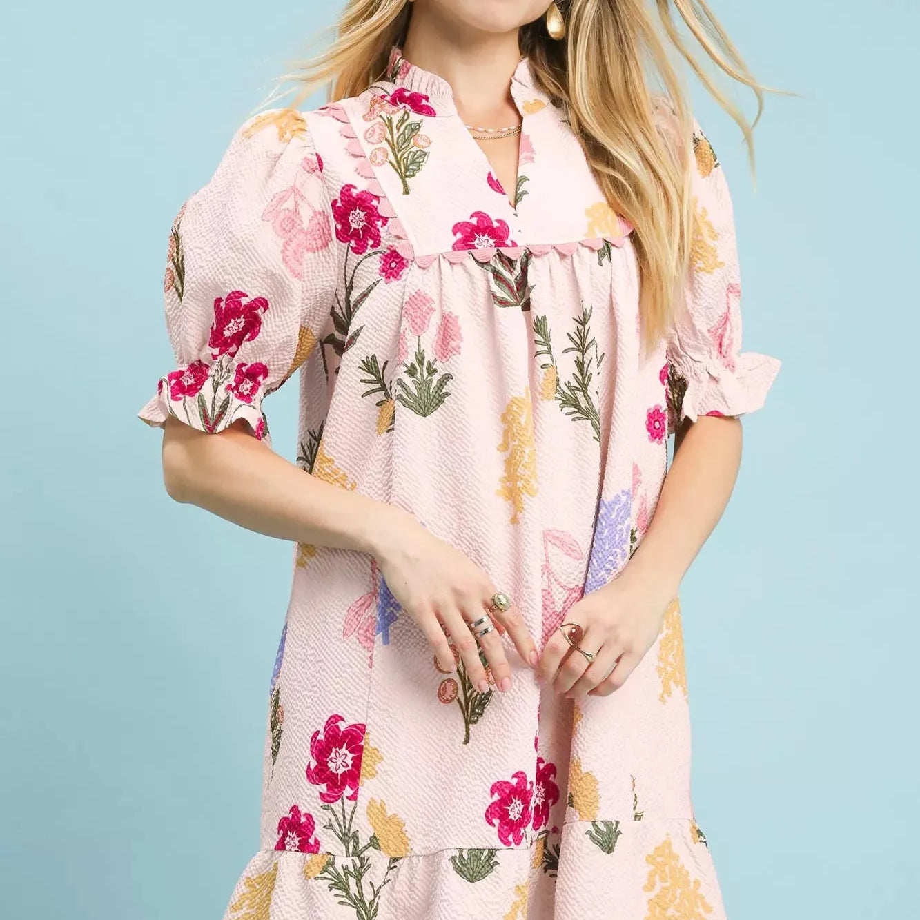 Umgee Blushing Blooms Tiered Floral Mini Dress-Women's Dresses-Shop Z & Joxa