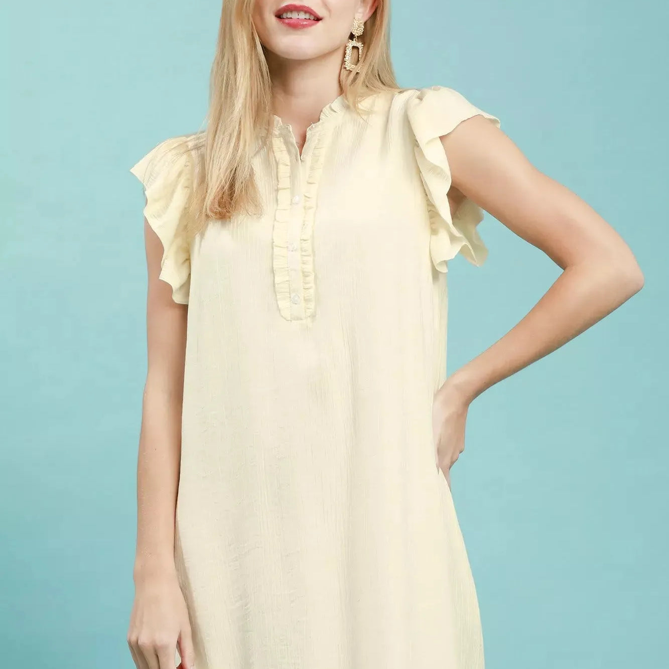Umgee Butter Cream Henley Ruffle Sleeve Shift Mini Dress-Women's Dresses-Shop Z & Joxa