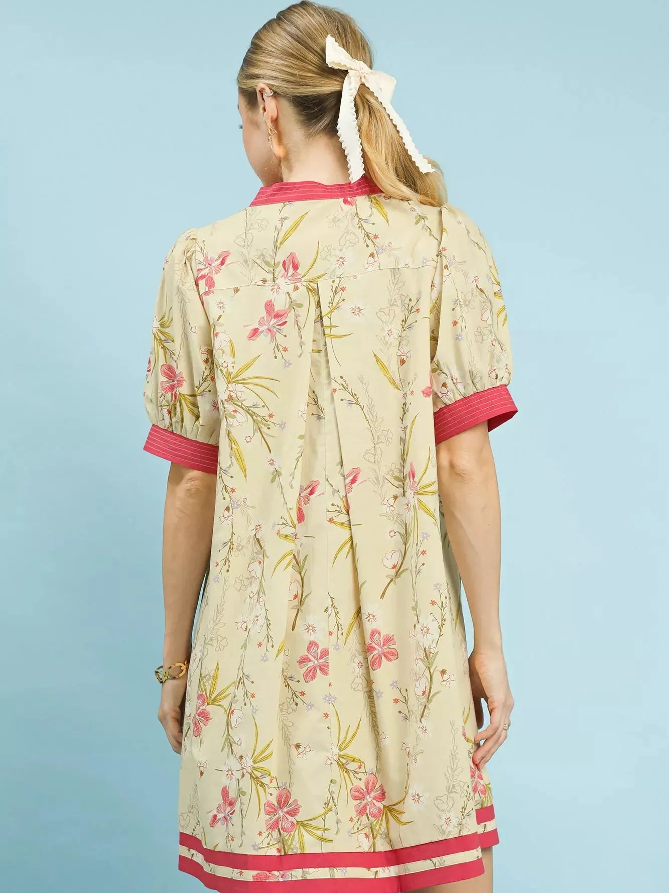 Umgee Butter Me Up Floral Puff Sleeve Dress with Pink Trim-Women's Dresses-Shop Z & Joxa