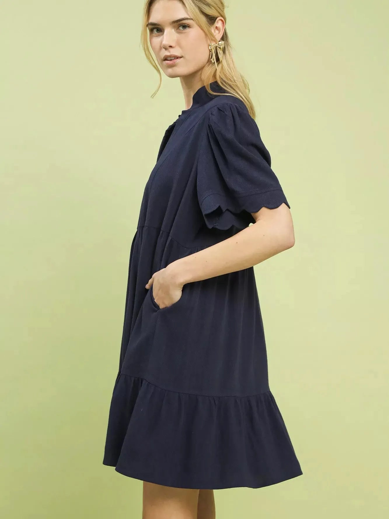 Umgee Celestial Tier Linen Scalloped Sleeves Babydoll Dress-Women's Dresses-Shop Z & Joxa