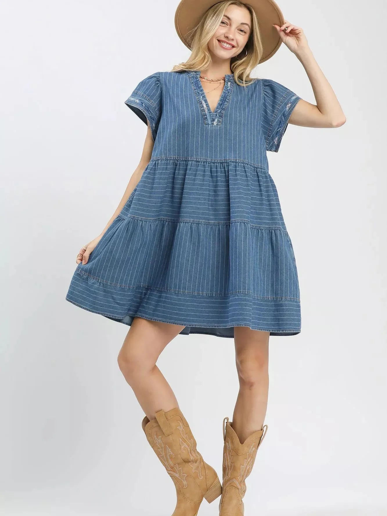 Umgee Chambray Daydream Striped Denim Babydoll Dress-Women's Dresses-Shop Z & Joxa