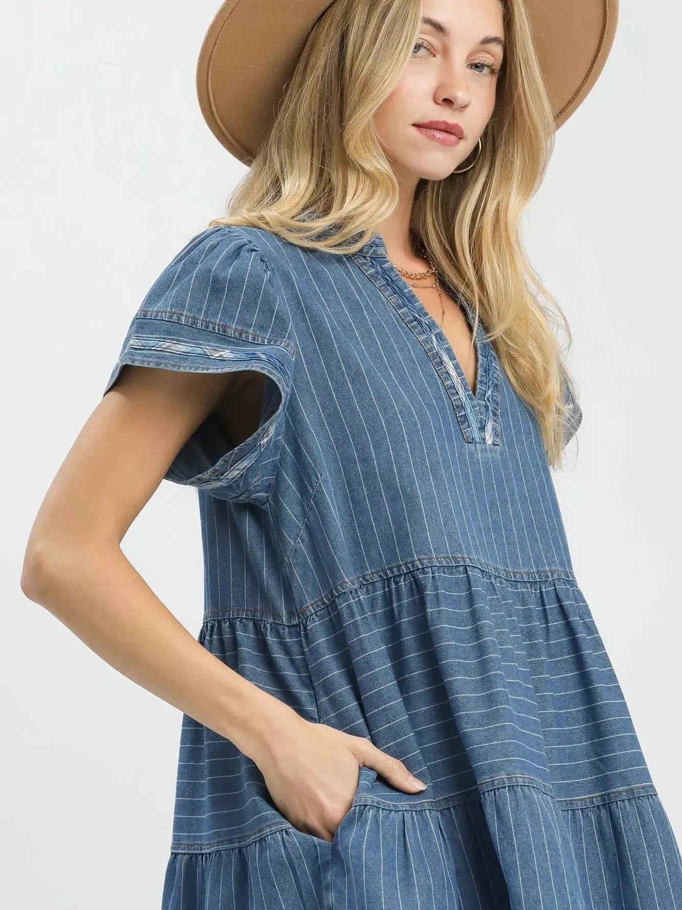 Umgee Chambray Daydream Striped Denim Babydoll Dress-Women's Dresses-Shop Z & Joxa