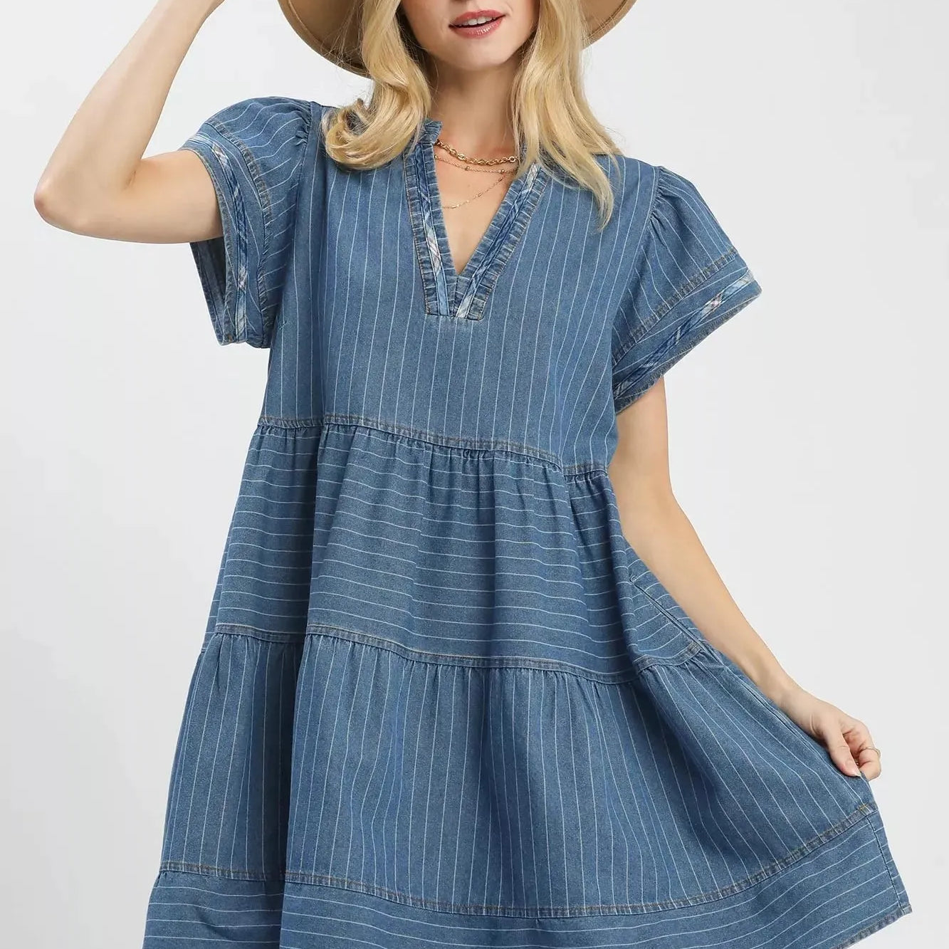 Umgee Chambray Daydream Striped Denim Babydoll Dress-Women's Dresses-Shop Z & Joxa