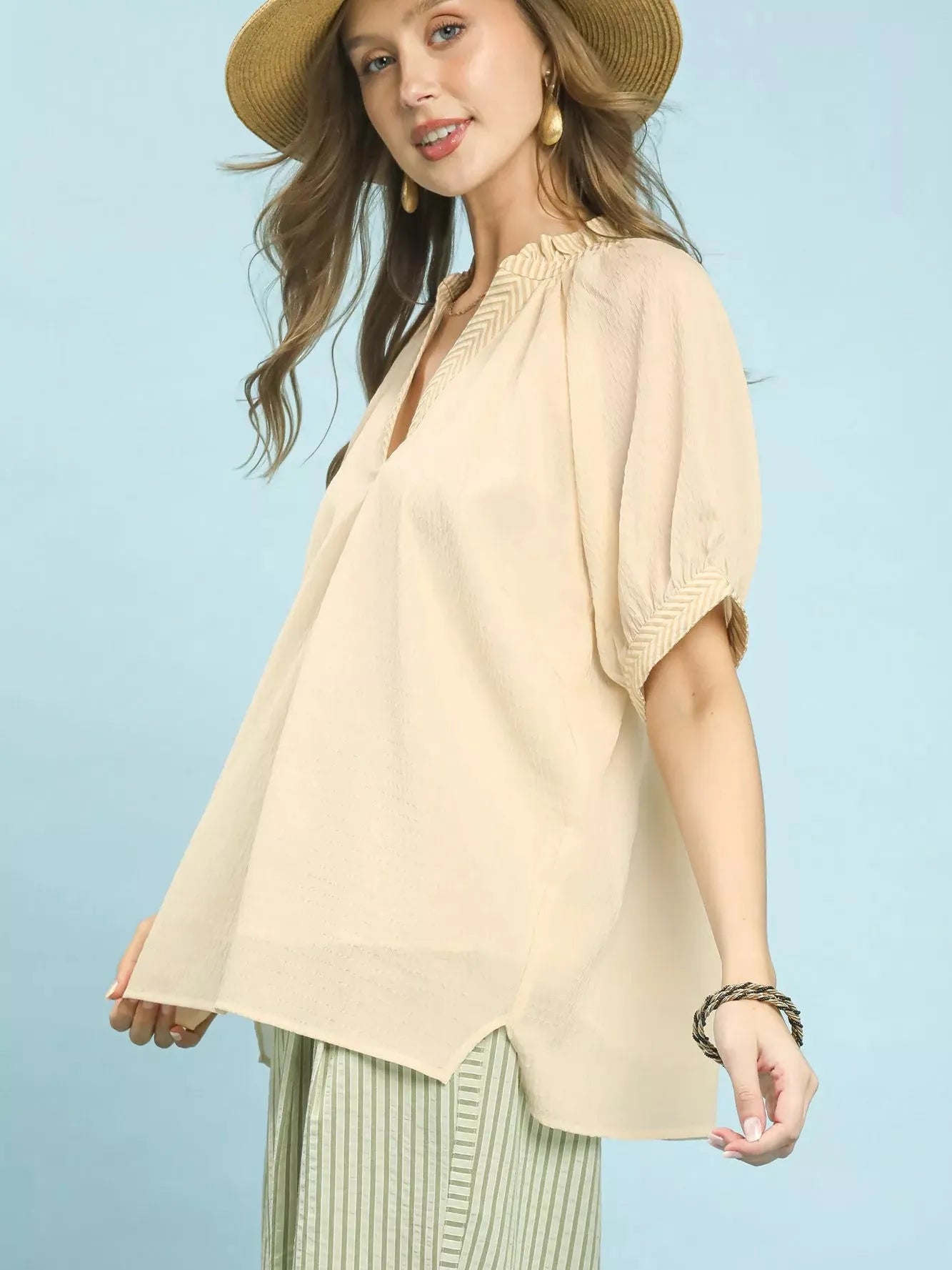 Umgee Chevron Chic V-Neck Short Sleeve Blouse in Soft Cream-Women's Shirts & Tops-Shop Z & Joxa