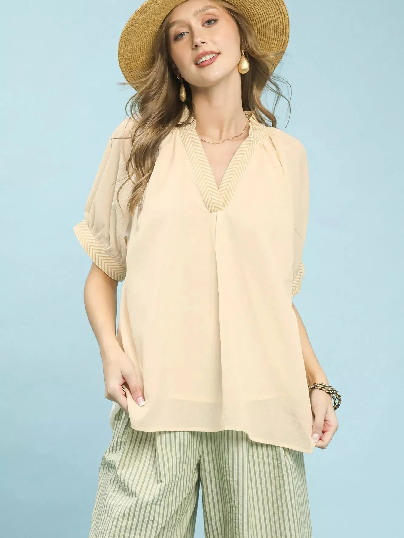 Umgee Chevron Chic V-Neck Short Sleeve Blouse in Soft Cream-Women's Shirts & Tops-Shop Z & Joxa