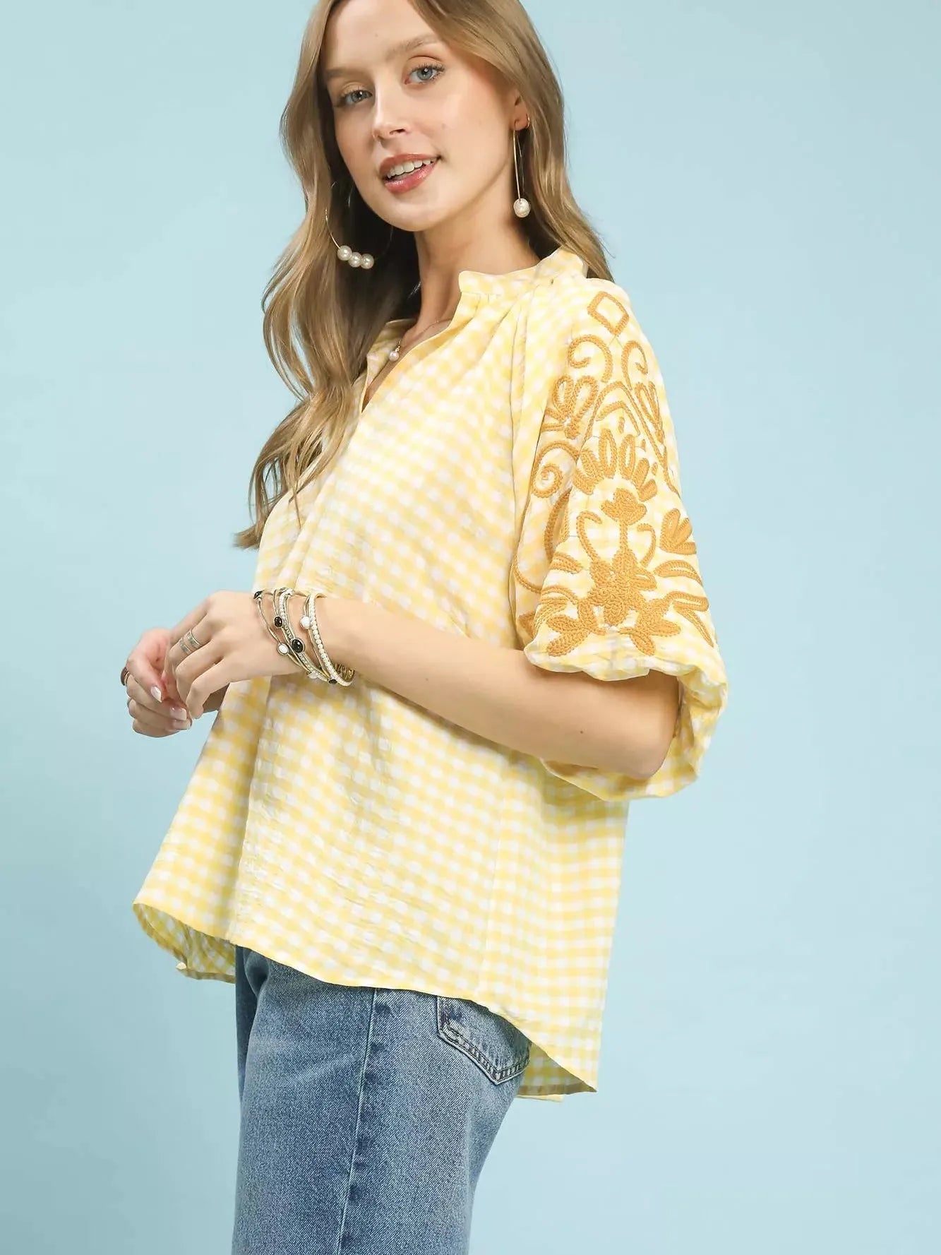 Umgee Citrus Bloom Embroidered Balloon Sleeve Gingham Blouse-Women's Shirts & Tops-Shop Z & Joxa