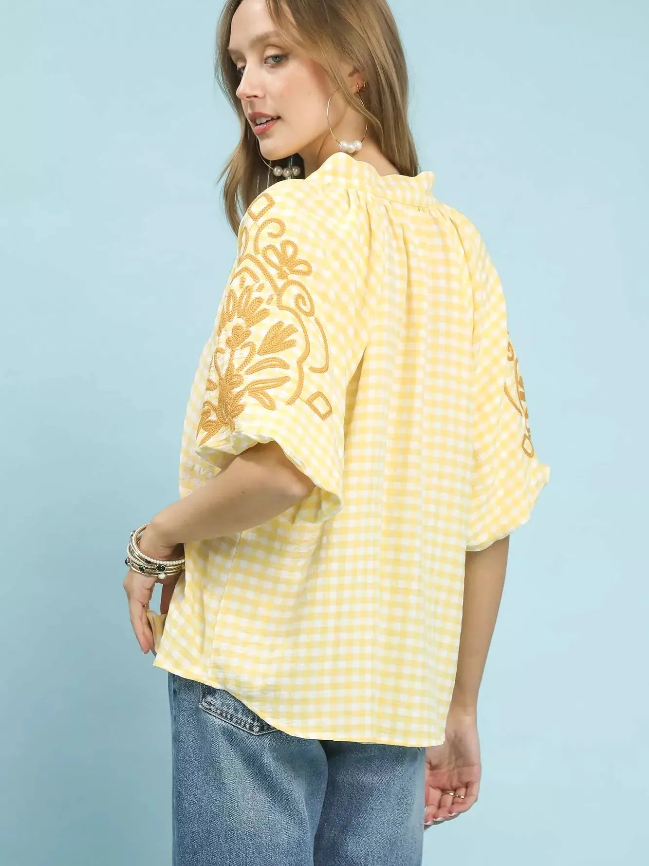 Umgee Citrus Bloom Embroidered Balloon Sleeve Gingham Blouse-Women's Shirts & Tops-Shop Z & Joxa