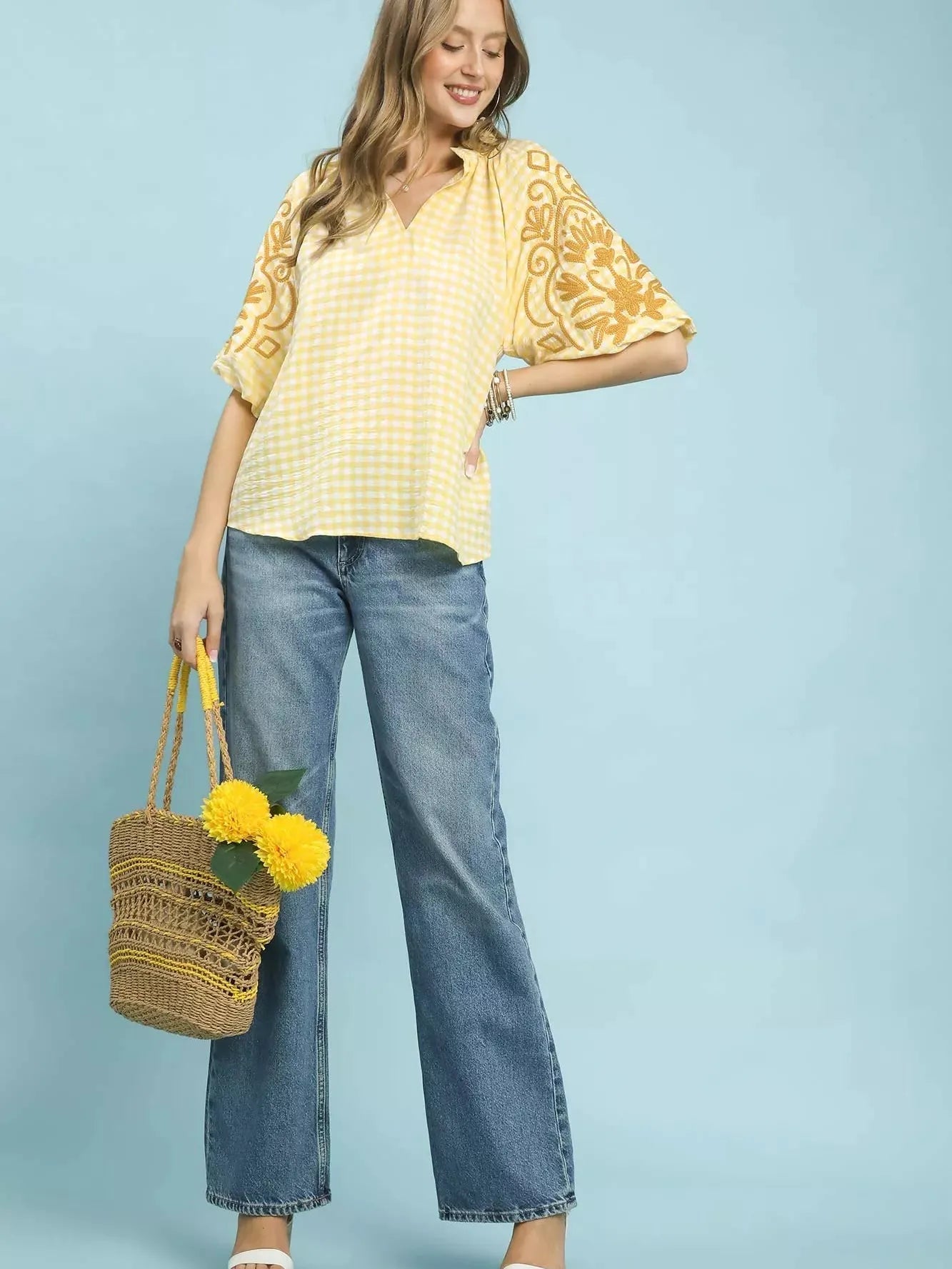 Umgee Citrus Bloom Embroidered Balloon Sleeve Gingham Blouse-Women's Shirts & Tops-Shop Z & Joxa