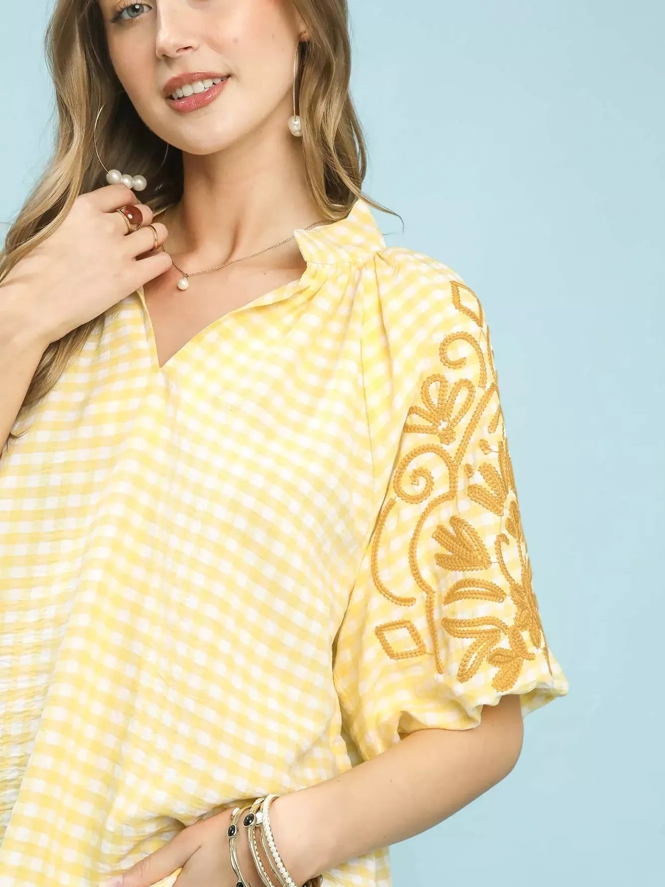Umgee Citrus Bloom Embroidered Balloon Sleeve Gingham Blouse-Women's Shirts & Tops-Shop Z & Joxa