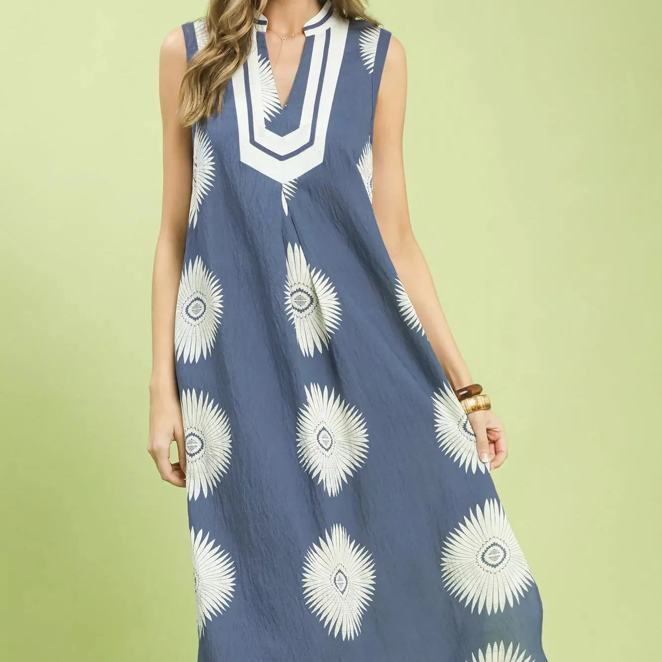 Umgee Coastal Blueprint Sleeveless Geometric Midi Dress-Women's Dresses-Shop Z & Joxa