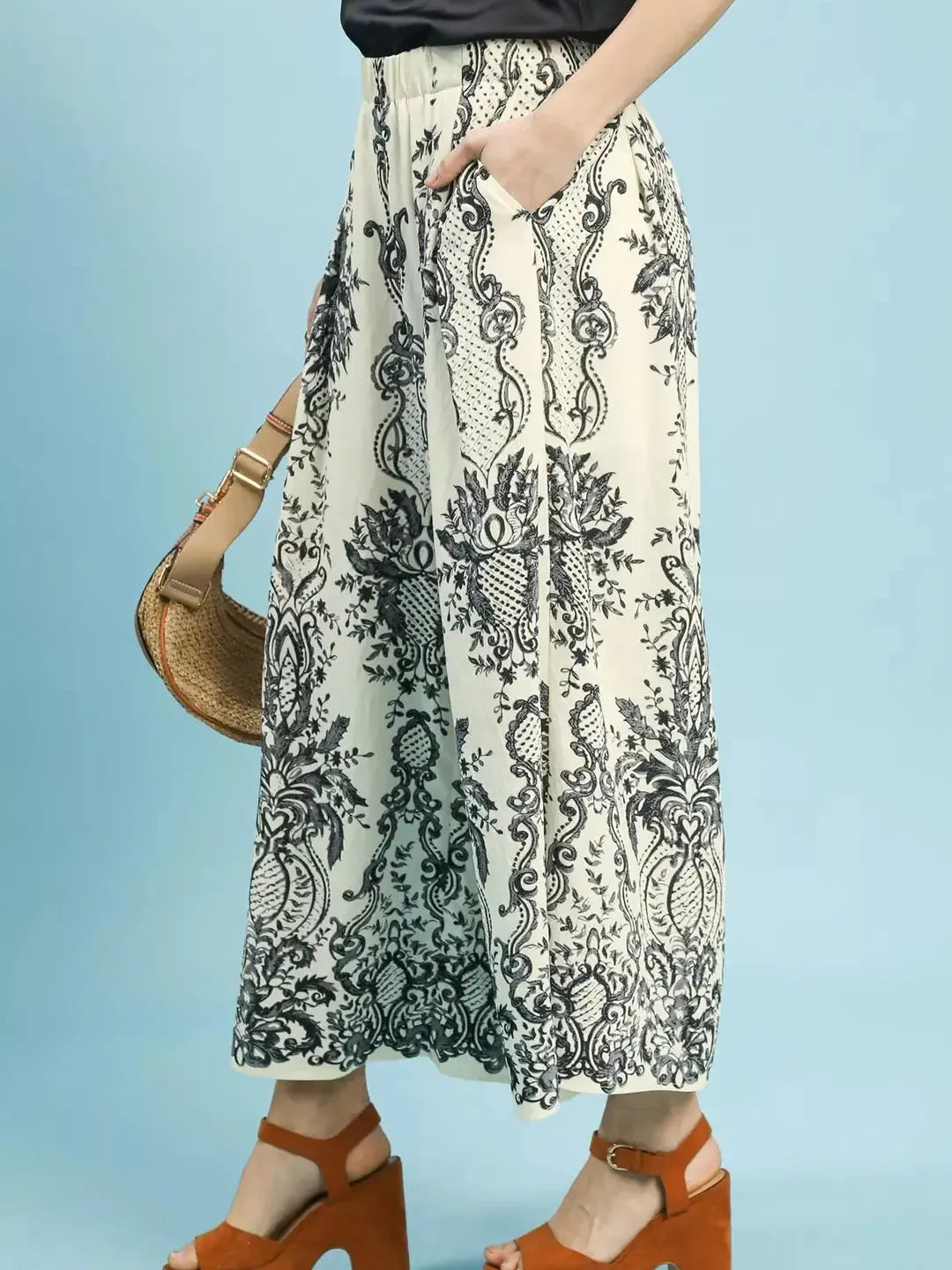 Umgee Coastal Frame Ecru Border Print Wide Leg Pants-Women's Pants-Shop Z & Joxa