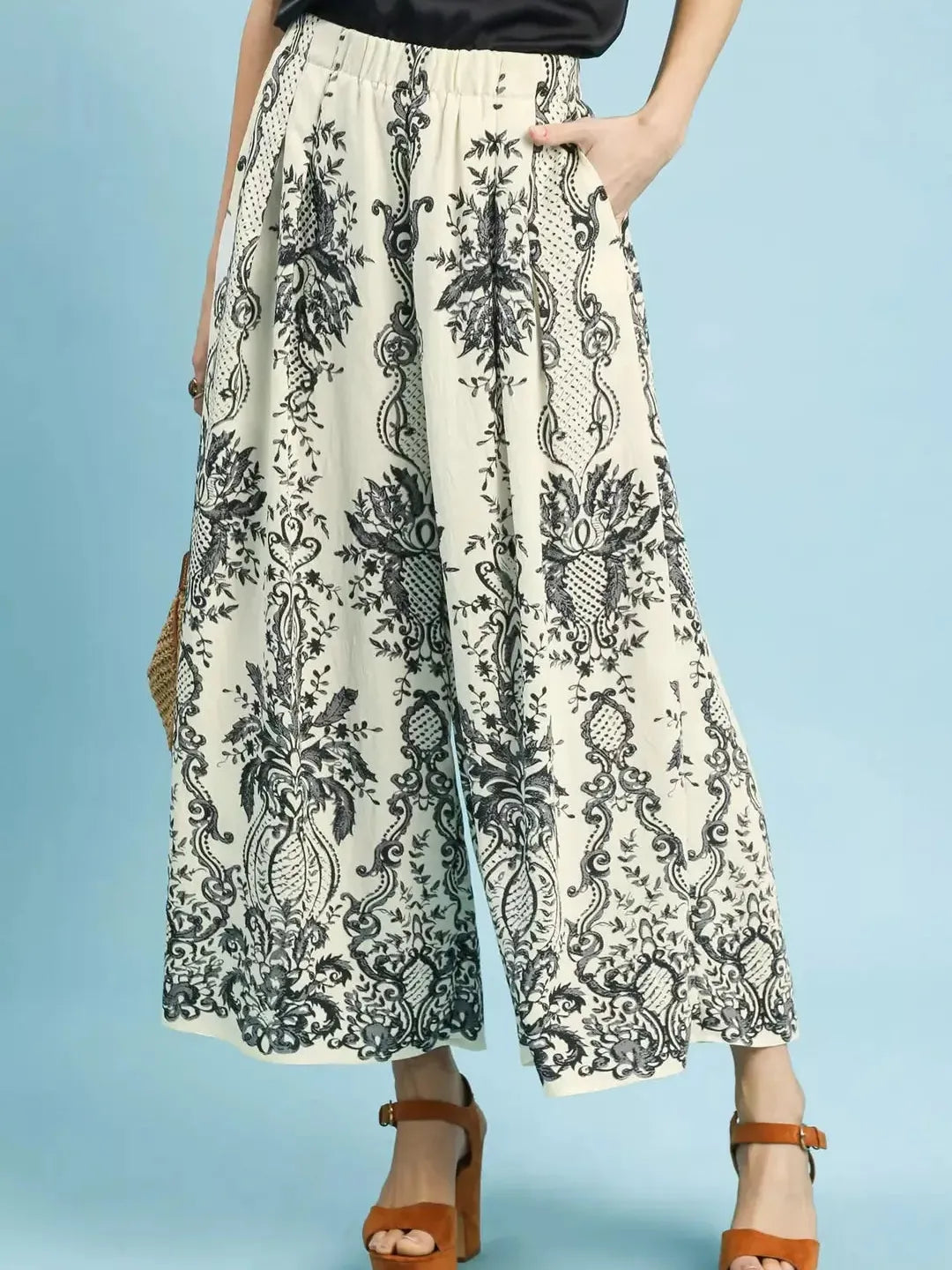 Umgee Coastal Frame Ecru Border Print Wide Leg Pants-Women's Pants-Shop Z & Joxa