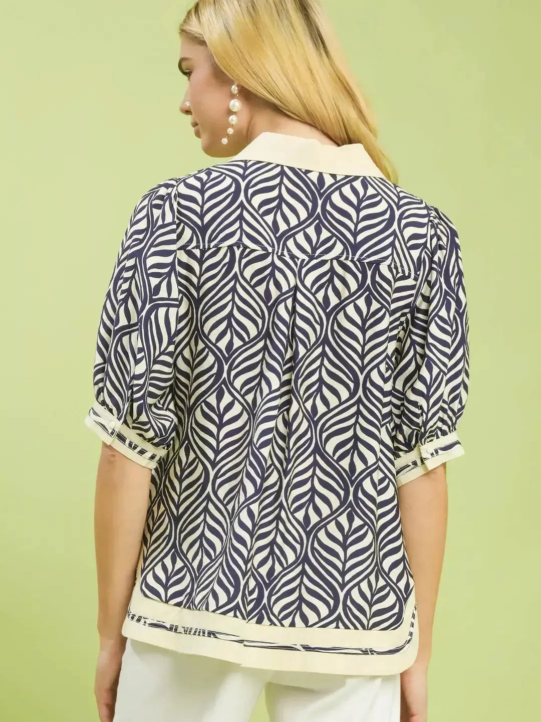 Umgee Coastal Geometry Leaf Print Popover Blouse-Women's Shirts & Tops-Shop Z & Joxa