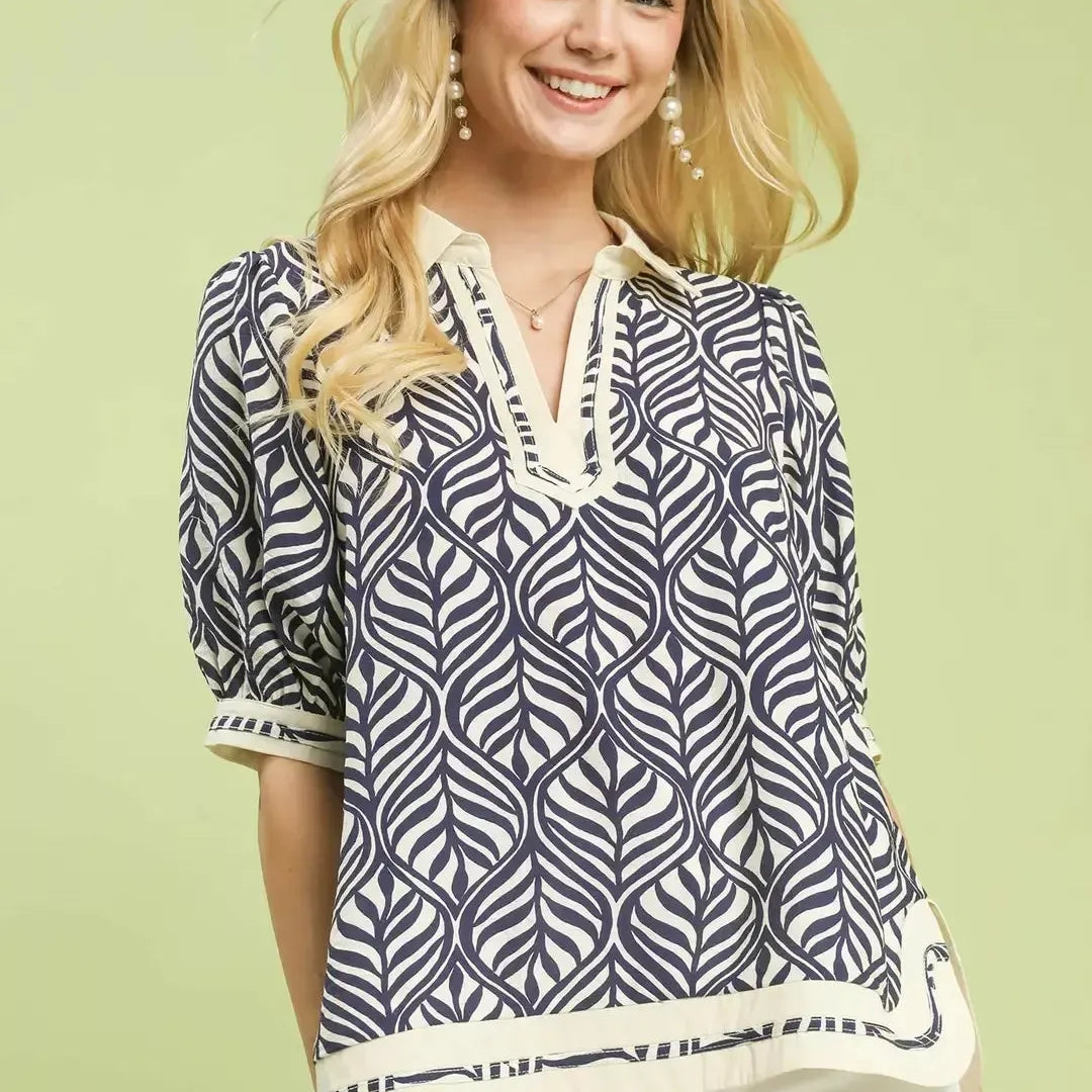 Umgee Coastal Geometry Leaf Print Popover Blouse-Women's Shirts & Tops-Shop Z & Joxa