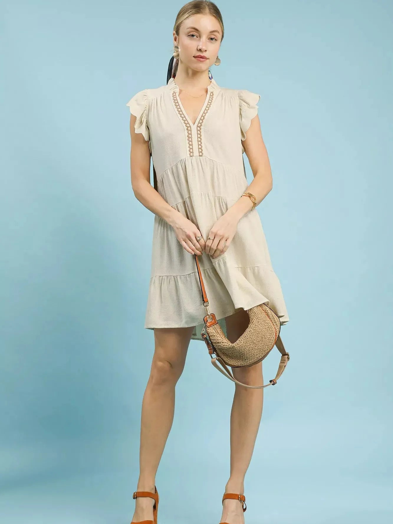 Umgee Coastline Charm Linen Tiered Baby Doll Dress in Oatmeal-Women's Dresses-Shop Z & Joxa
