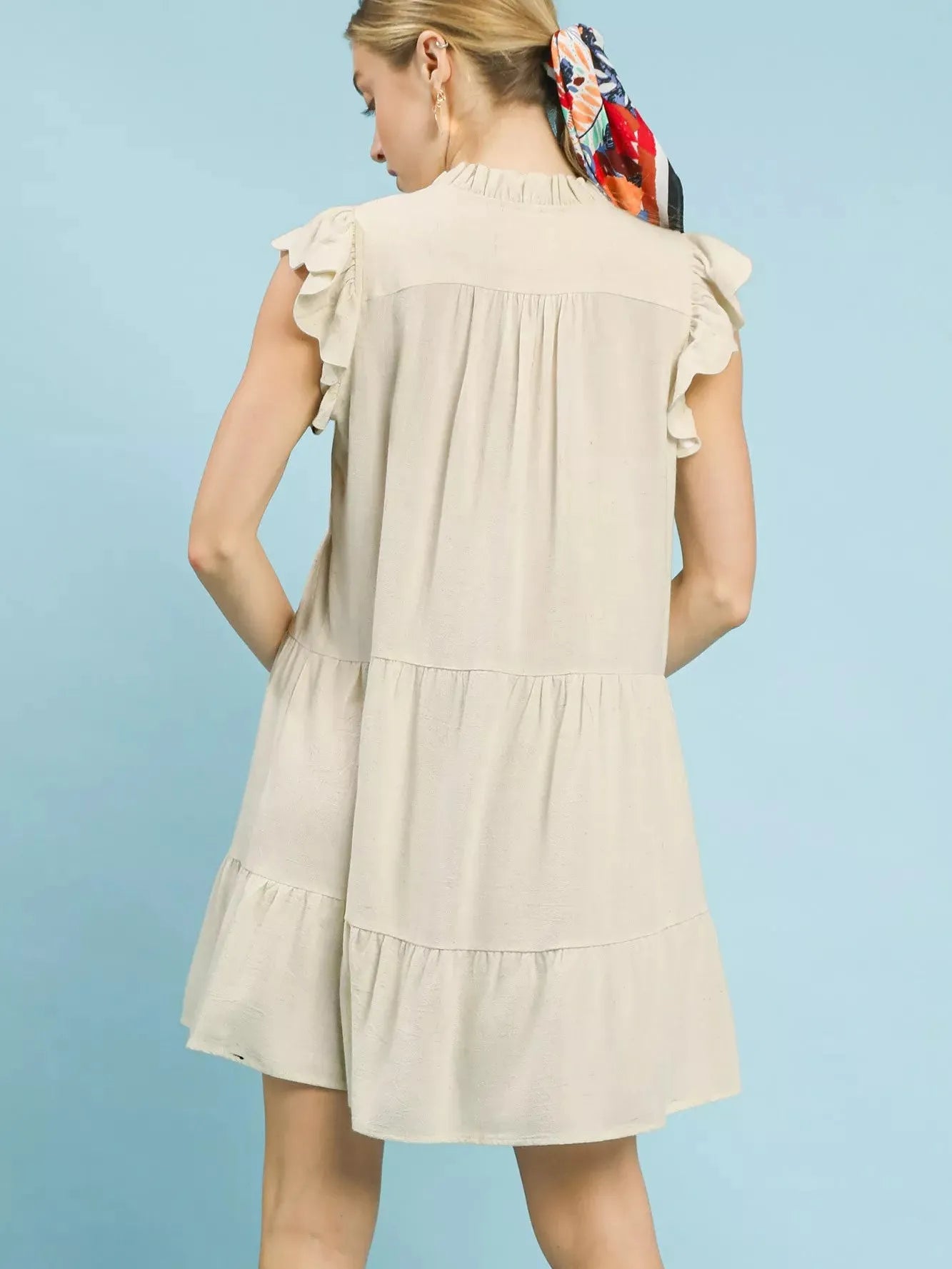 Umgee Coastline Charm Linen Tiered Baby Doll Dress in Oatmeal-Women's Dresses-Shop Z & Joxa