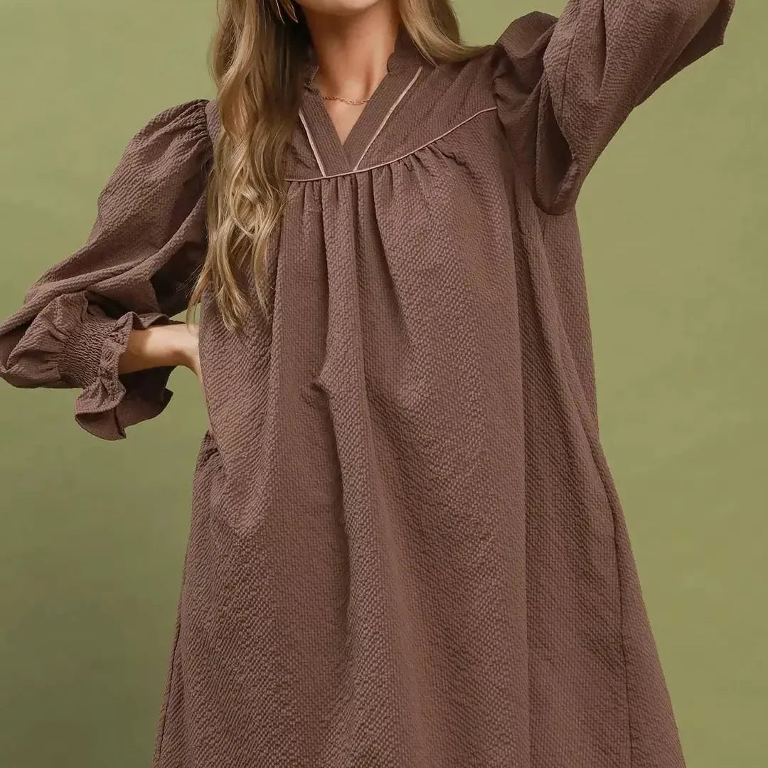 Umgee Cocoa Crush Textured Puff Sleeve Mini Dress-Women's Dresses-Shop Z & Joxa