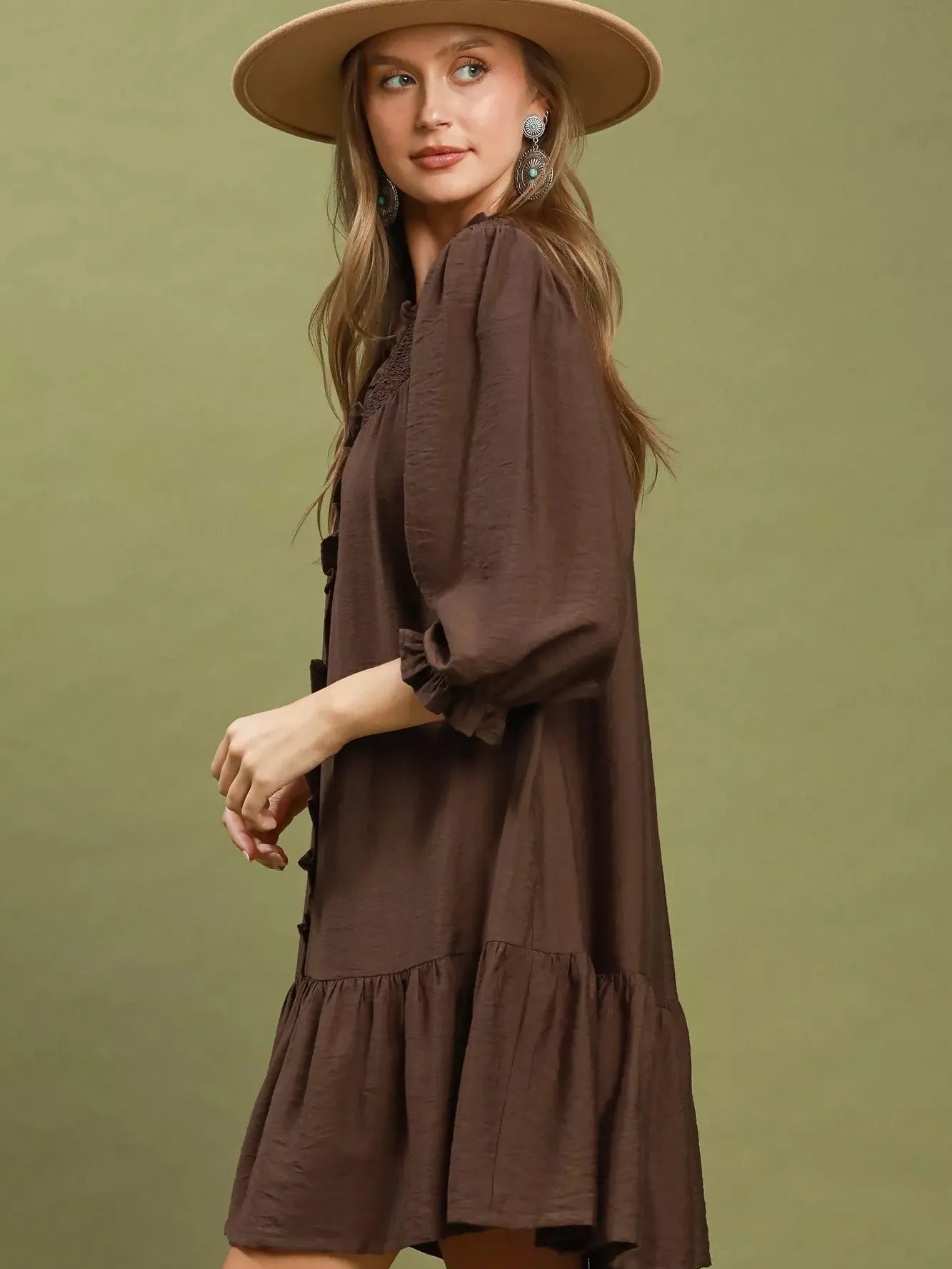 Umgee Cocoa Kiss Smocked Tiered Mini Dress-Women's Dresses-Shop Z & Joxa
