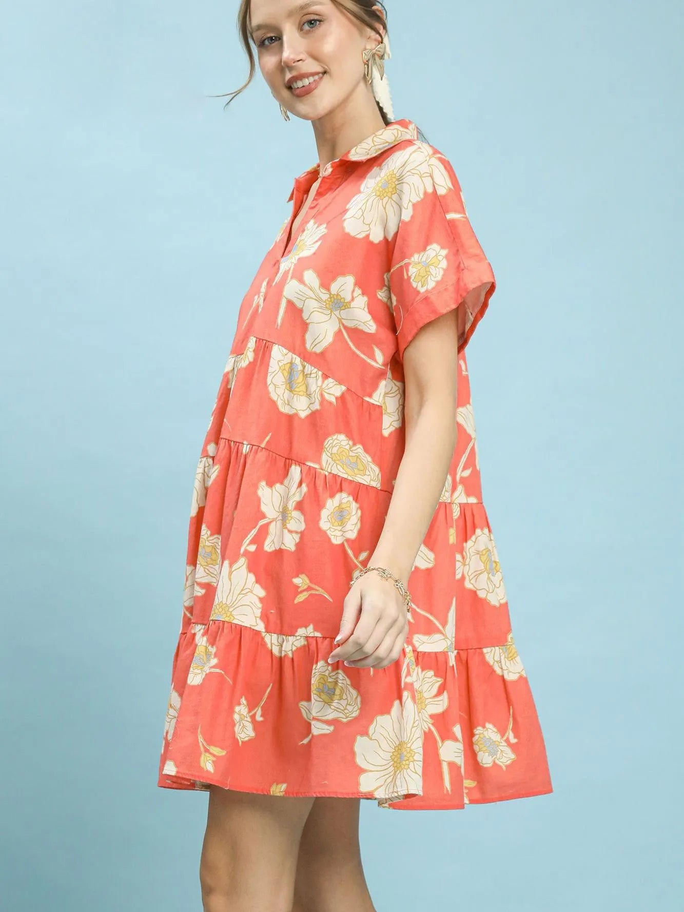Umgee Coral Bloom Floral Tiered Babydoll Dress-Women's Dresses-Shop Z & Joxa