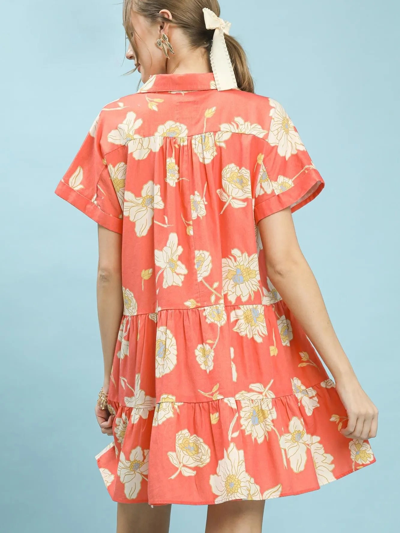 Umgee Coral Bloom Floral Tiered Babydoll Dress-Women's Dresses-Shop Z & Joxa