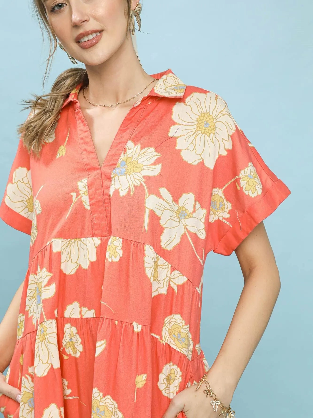 Umgee Coral Bloom Floral Tiered Babydoll Dress-Women's Dresses-Shop Z & Joxa