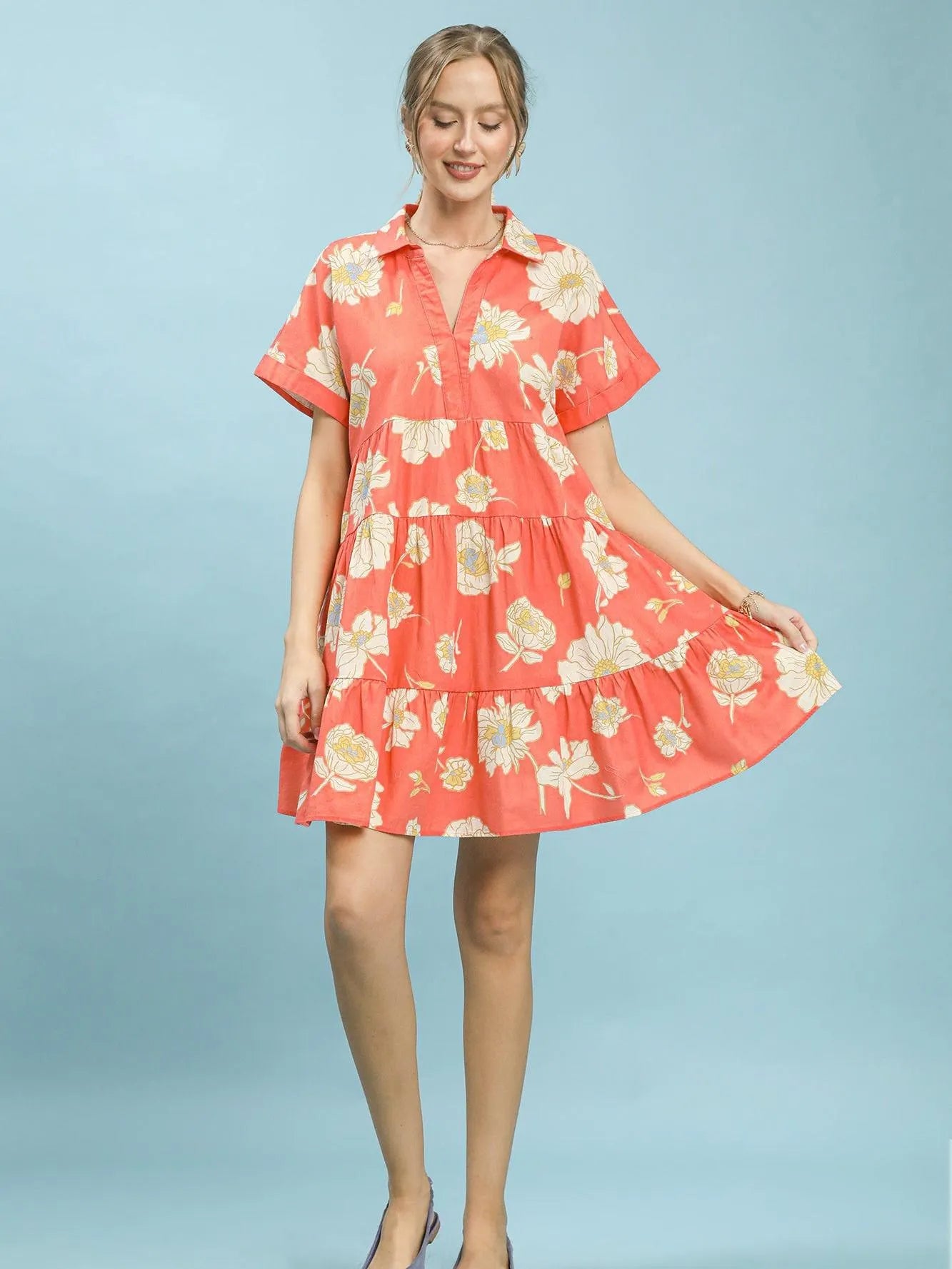 Umgee Coral Bloom Floral Tiered Babydoll Dress-Women's Dresses-Shop Z & Joxa
