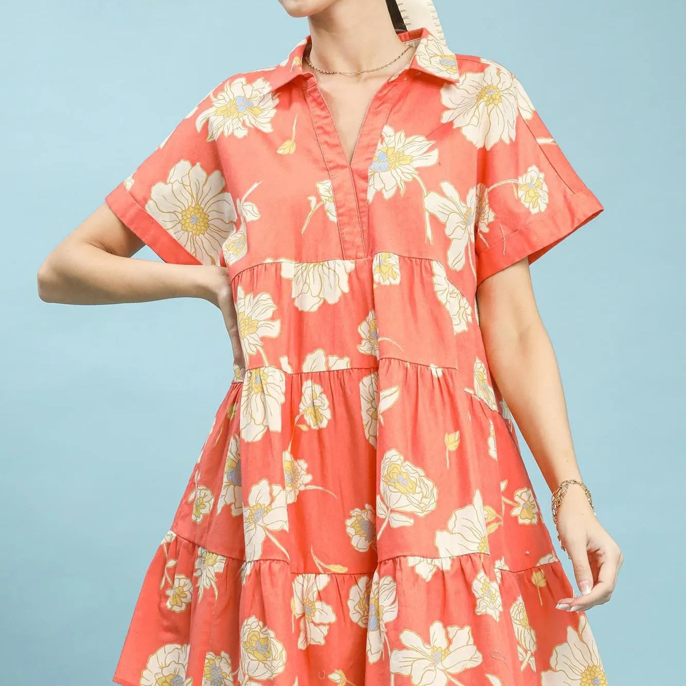 Umgee Coral Bloom Floral Tiered Babydoll Dress-Women's Dresses-Shop Z & Joxa