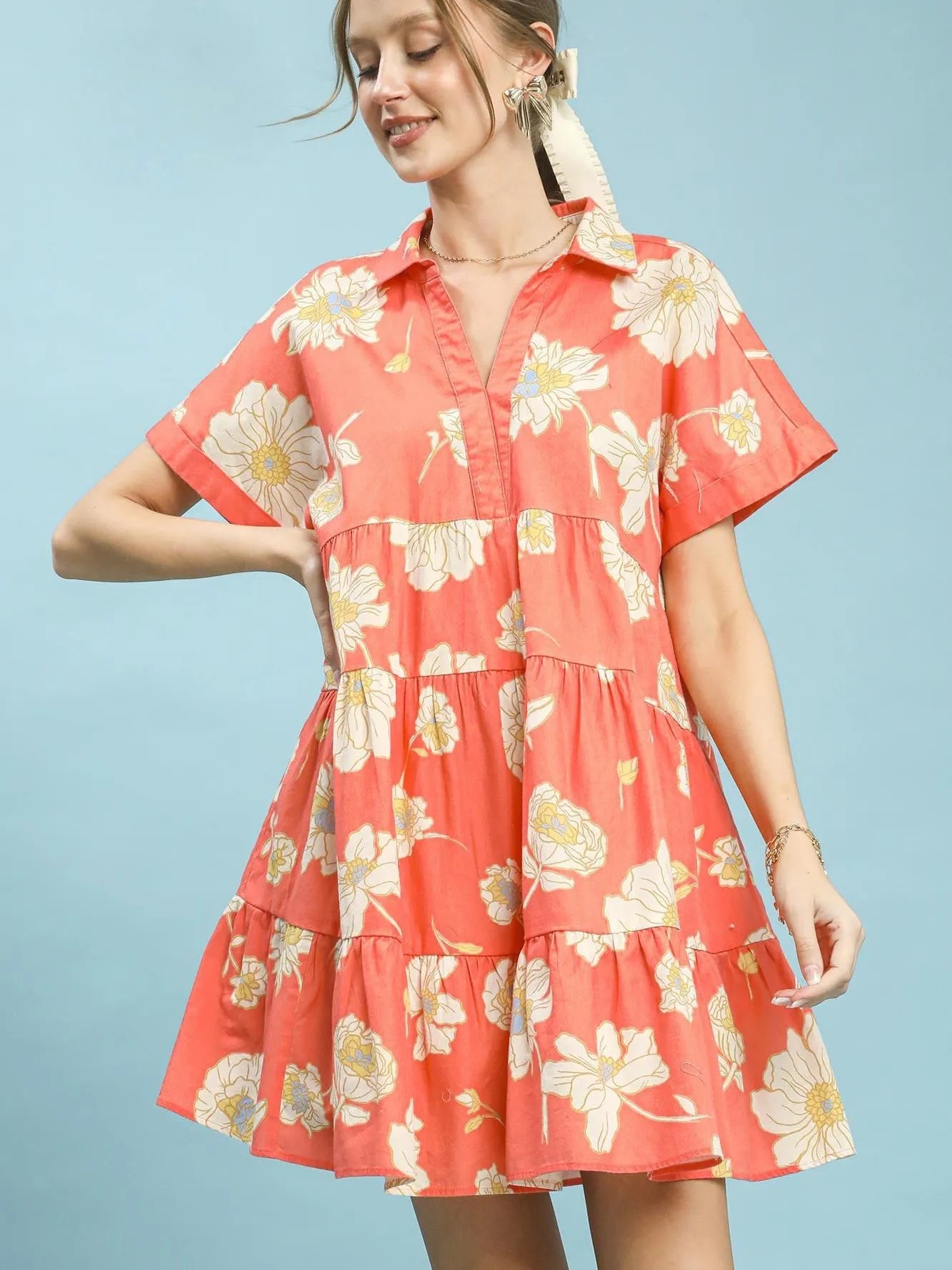 Umgee Coral Bloom Floral Tiered Babydoll Dress-Women's Dresses-Shop Z & Joxa
