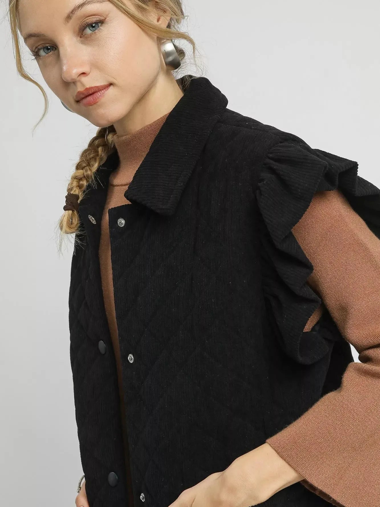 Umgee Corduroy Cutie Corduroy Quilted Ruffle Sleeve Vest-Women's Shirts & Tops-Shop Z & Joxa