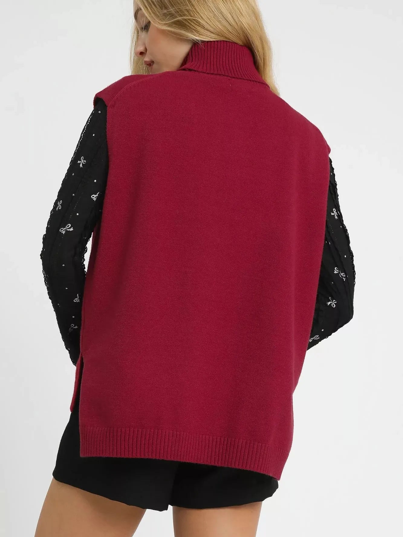 Umgee Crimson Glow High-Low Turtleneck Sleeveless Sweater Top-Women's Shirts & Tops-Shop Z & Joxa