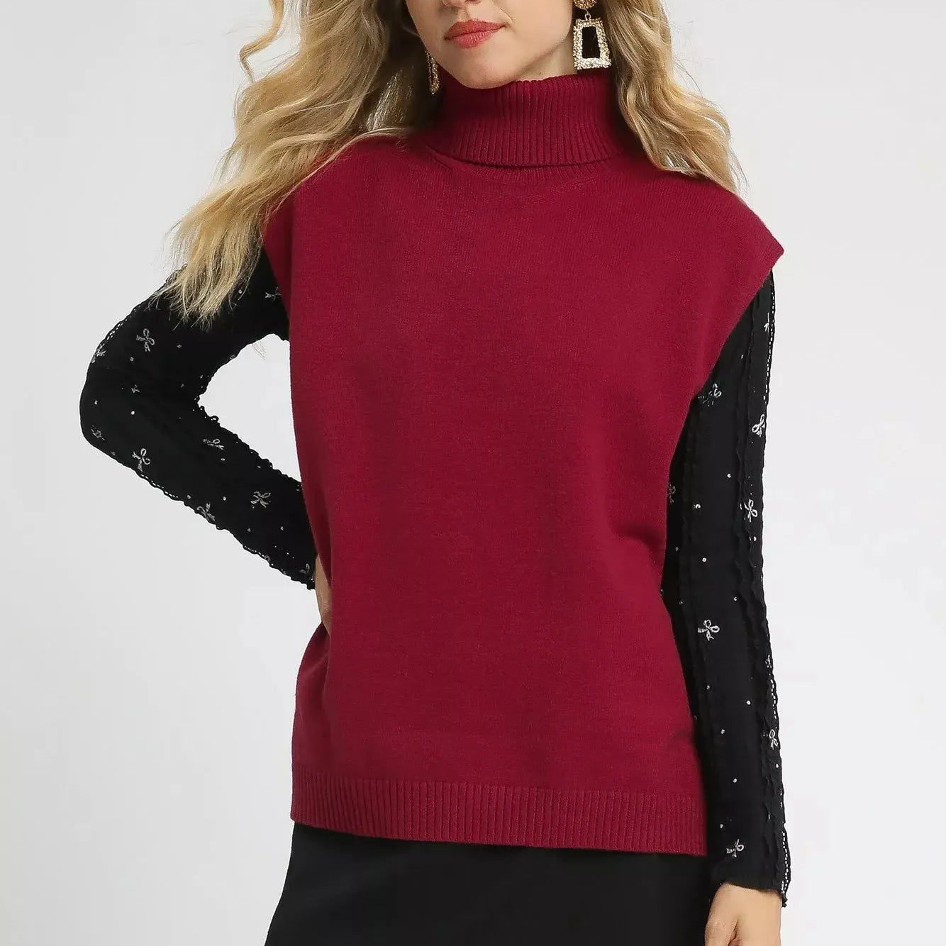 Umgee Crimson Glow High-Low Turtleneck Sleeveless Sweater Top-Women's Shirts & Tops-Shop Z & Joxa