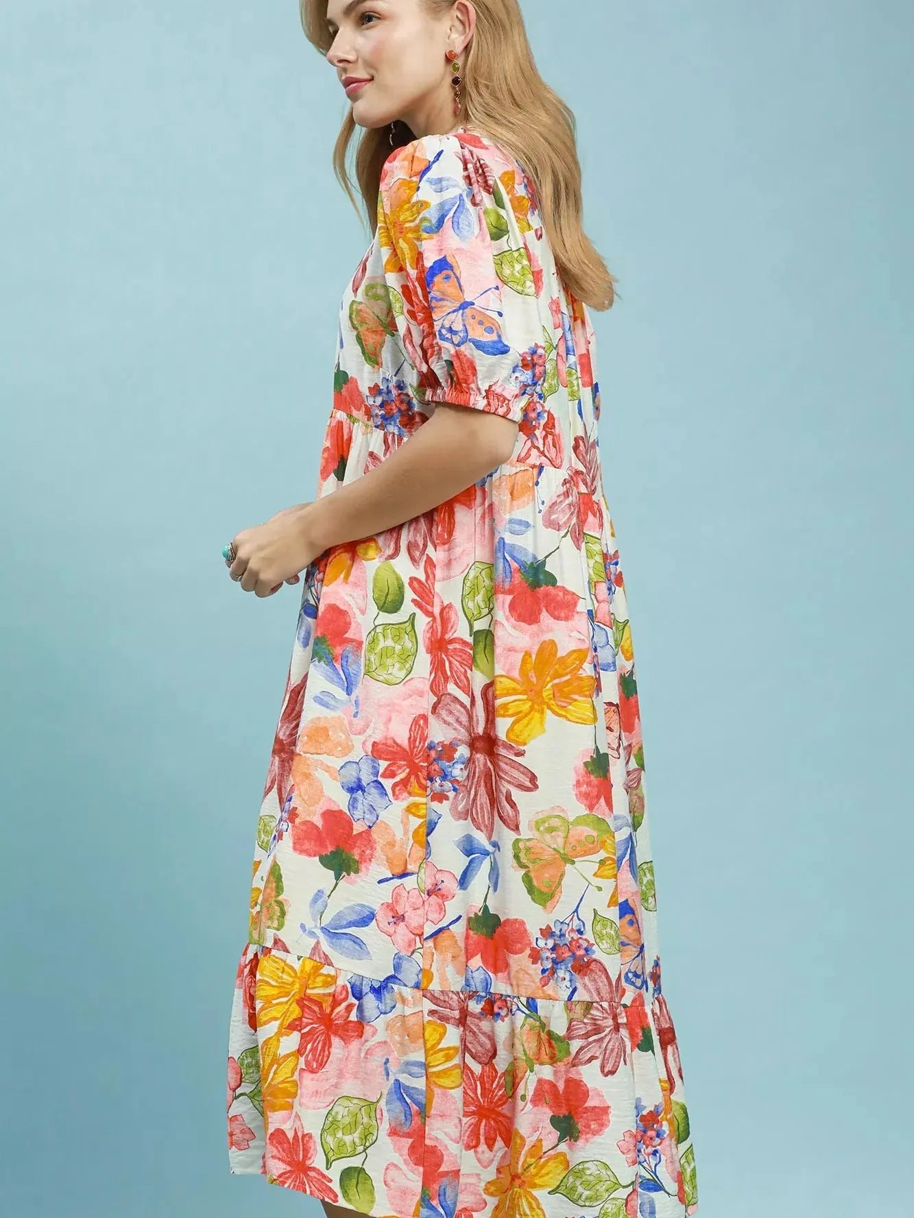 Umgee Crimson Watercolor Floral Tiered Midi Dress-Women's Dresses-Shop Z & Joxa
