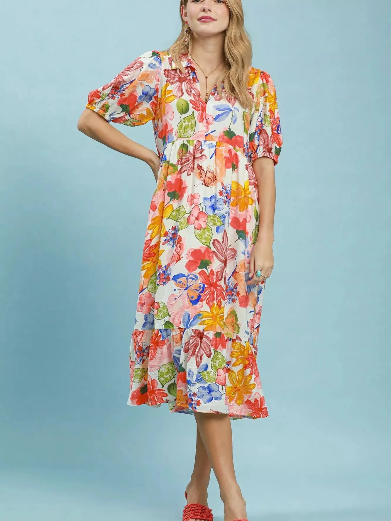 Umgee Crimson Watercolor Floral Tiered Midi Dress-Women's Dresses-Shop Z & Joxa