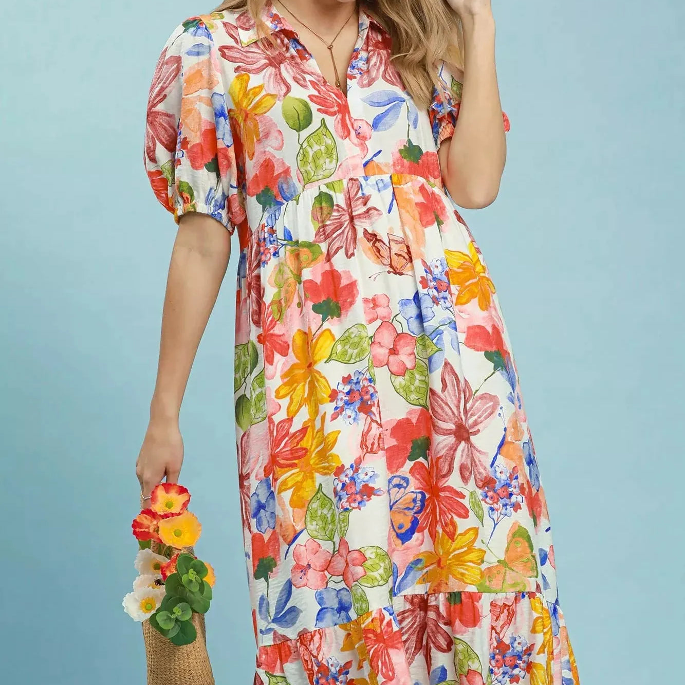 Umgee Crimson Watercolor Floral Tiered Midi Dress-Women's Dresses-Shop Z & Joxa