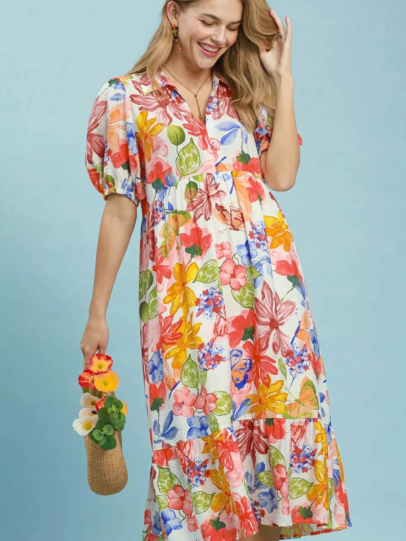 Umgee Crimson Watercolor Floral Tiered Midi Dress-Women's Dresses-Shop Z & Joxa