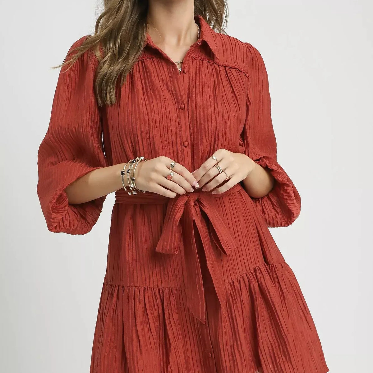 umgee collared tiered midi dress Umgee Crinkle & Dazzle Button-Front Tiered Mini Dress L / Rust