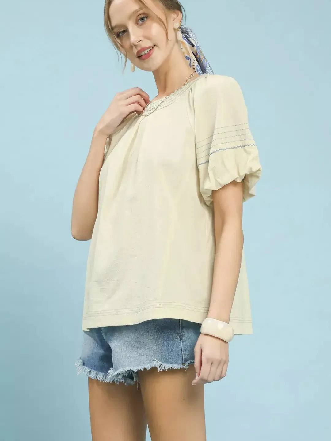 Umgee Delicate Definition Puff Sleeve Top with Contrast Stitch Detail-Women's Shirts & Tops-Shop Z & Joxa