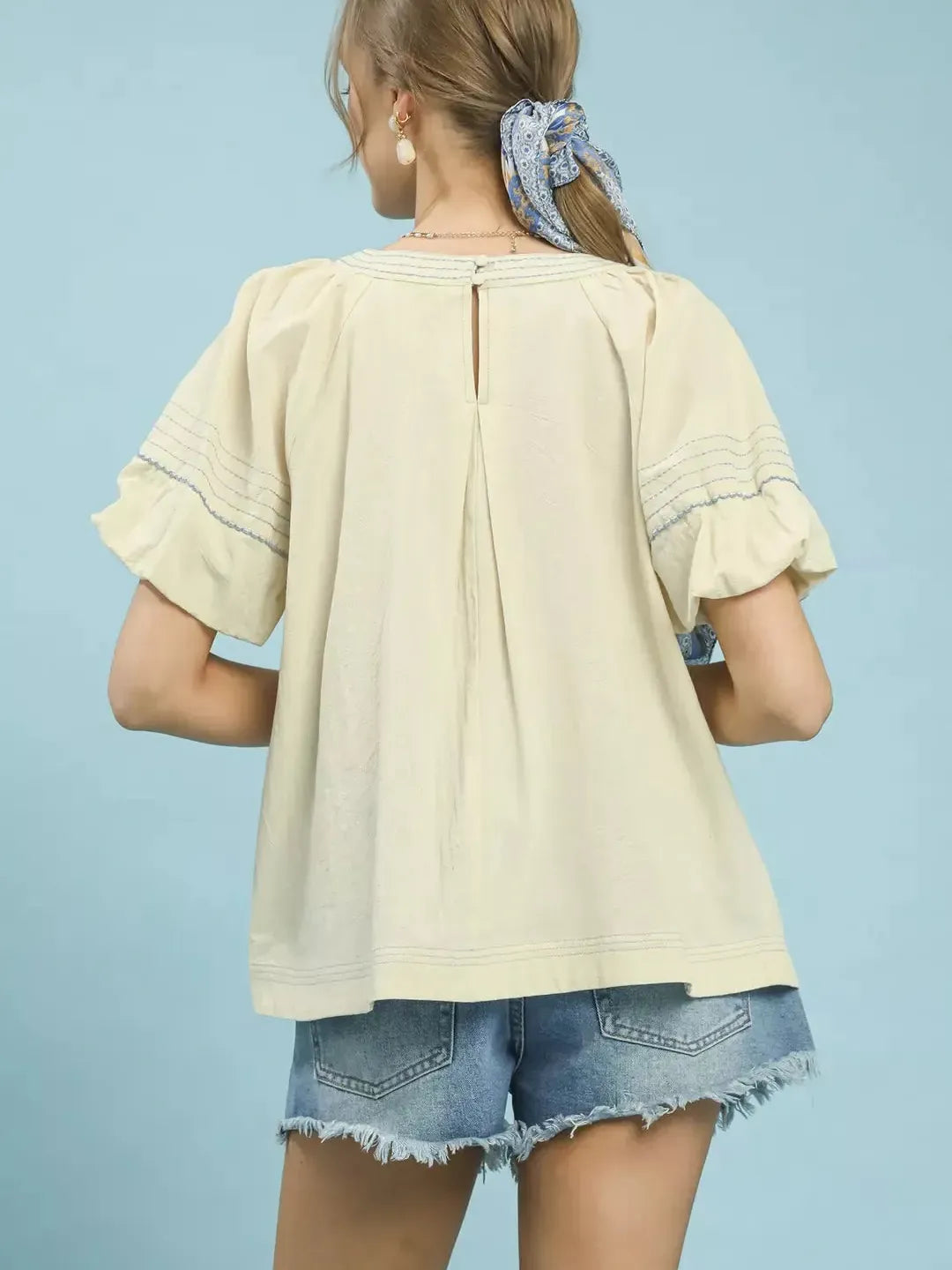 Umgee Delicate Definition Puff Sleeve Top with Contrast Stitch Detail-Women's Shirts & Tops-Shop Z & Joxa