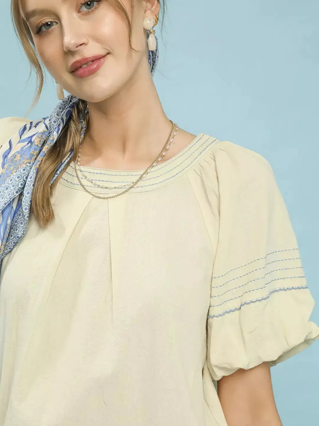 Umgee Delicate Definition Puff Sleeve Top with Contrast Stitch Detail-Women's Shirts & Tops-Shop Z & Joxa