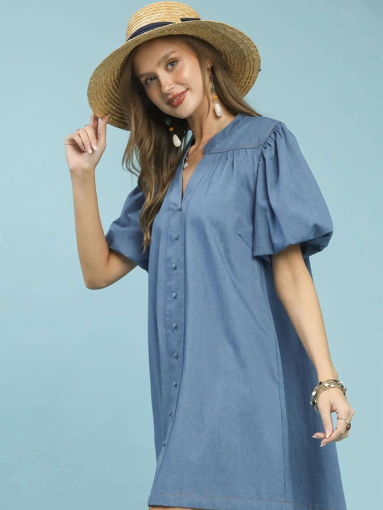 Umgee Denim Darling Chambray Puff Sleeve Mini Dress-Women's Dresses-Shop Z & Joxa