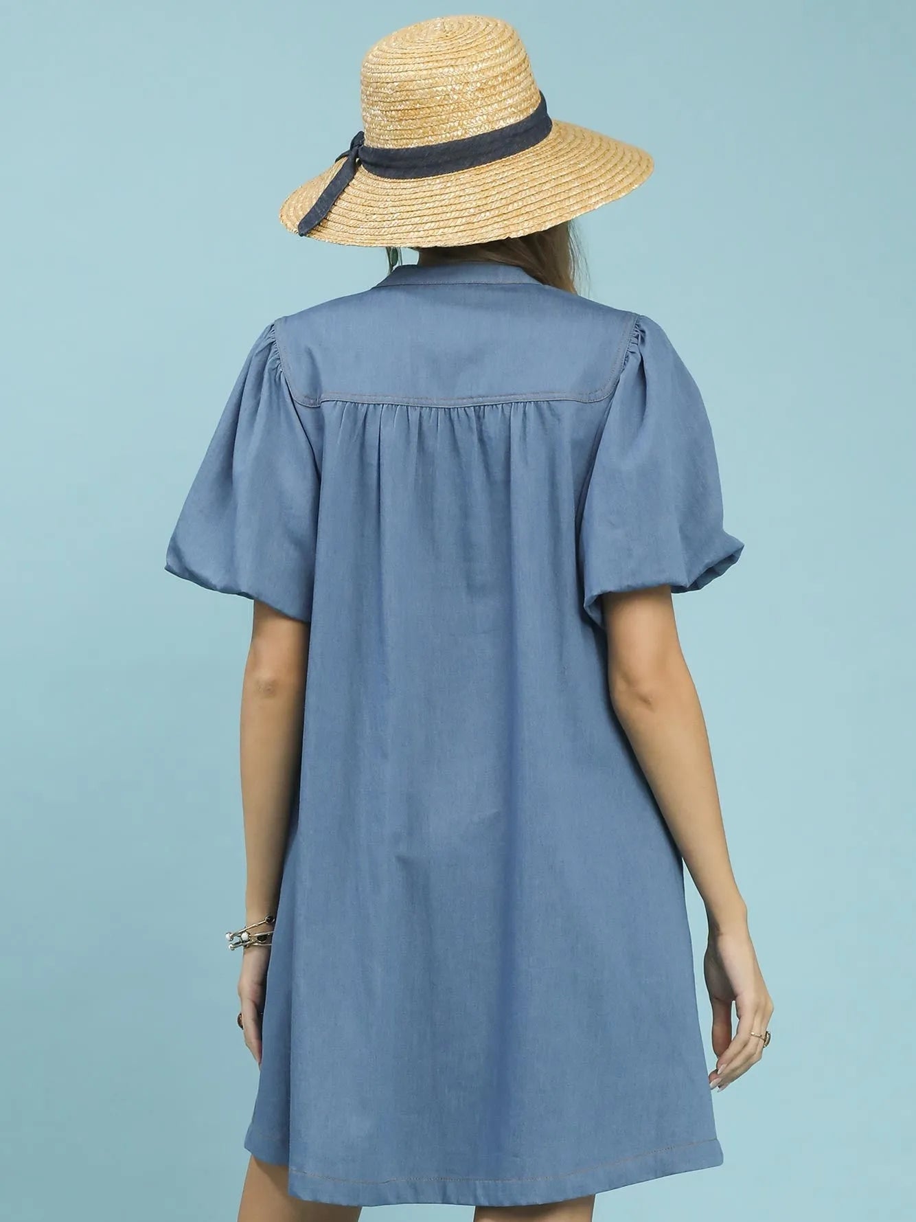 Umgee Denim Darling Chambray Puff Sleeve Mini Dress-Women's Dresses-Shop Z & Joxa