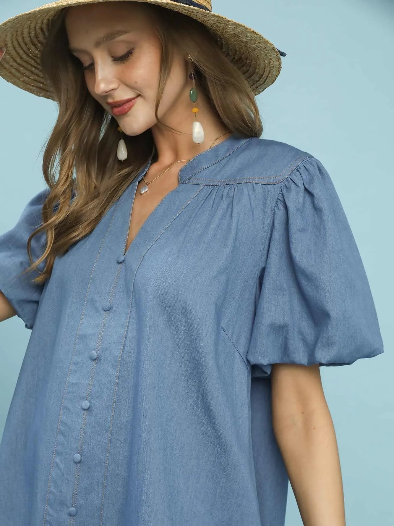 Umgee Denim Darling Chambray Puff Sleeve Mini Dress-Women's Dresses-Shop Z & Joxa