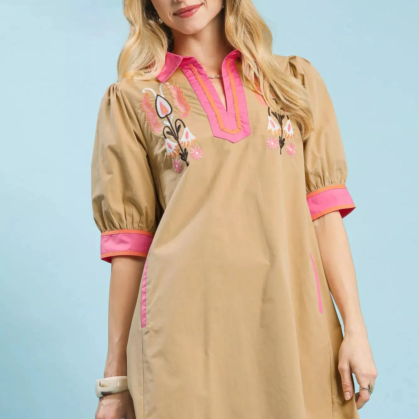 Umgee Desert Bloom Embroidered Tunic Dress with Pink Trim-Women's Dresses-Shop Z & Joxa