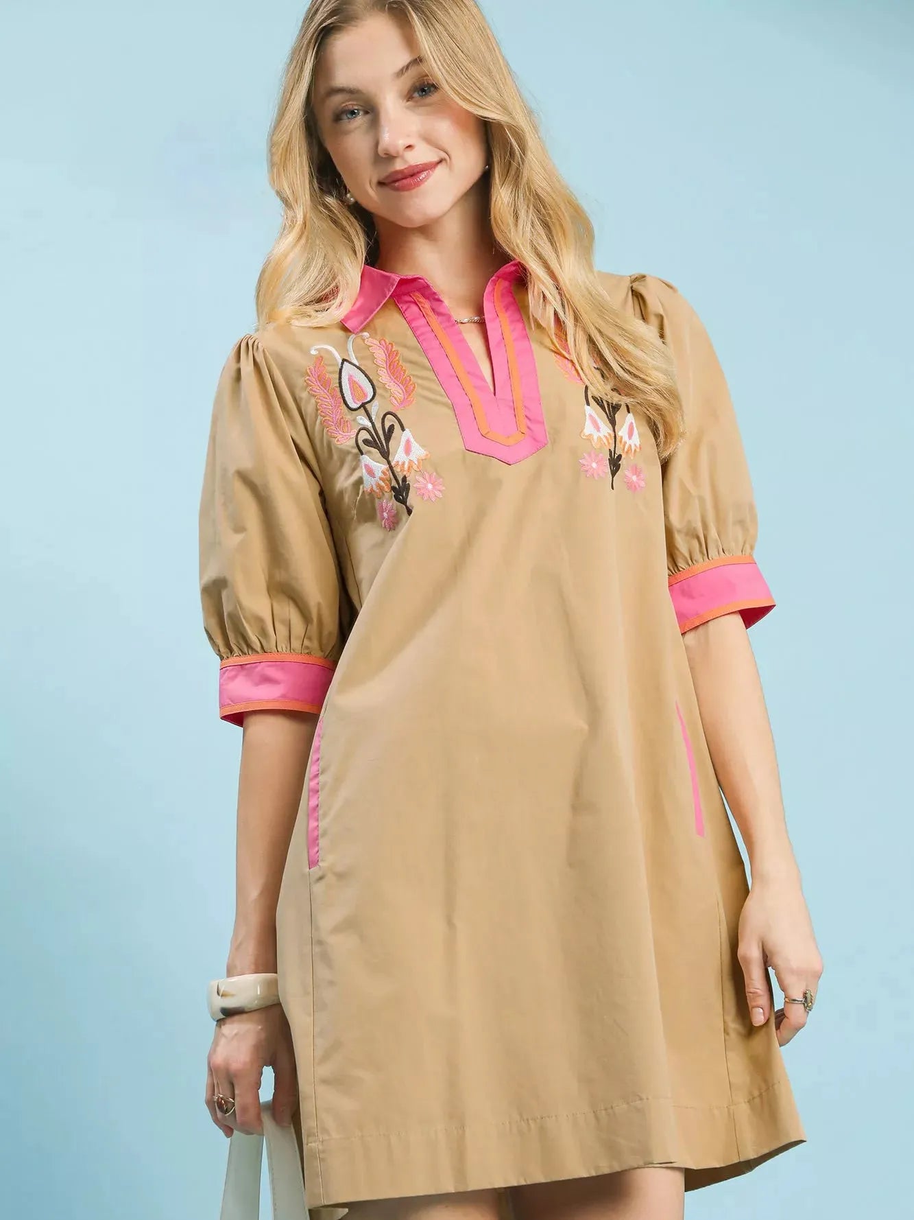 Umgee Desert Bloom Embroidered Tunic Dress with Pink Trim-Women's Dresses-Shop Z & Joxa