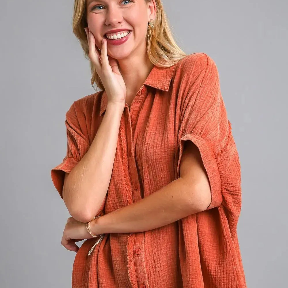 Umgee Desert Sunset Cotton Gauze Mineral Wash Button Down Shirt-Women's Shirts & Tops-Shop Z & Joxa